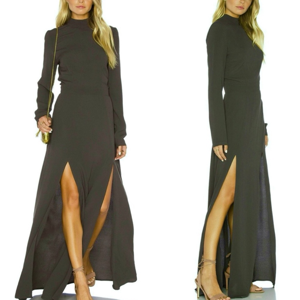 Flynn Skye Sage Gray Long Sleeve Mock Neck Gown Maxi Dress High Slits Sz. XS